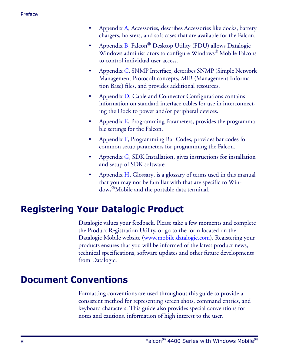Registering your datalogic product, Document conventions | Datalogic Scanning FALCON 4400 SERIES User Manual | Page 8 / 212