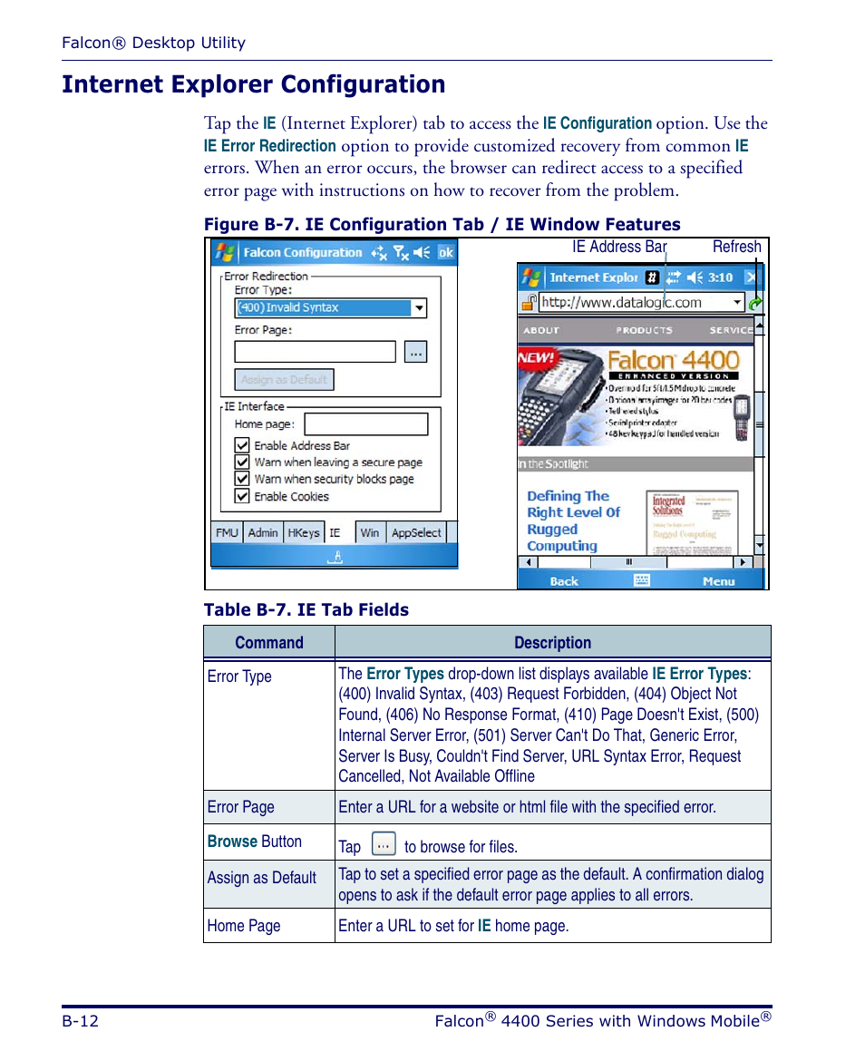Internet explorer configuration, B-12 | Datalogic Scanning FALCON 4400 SERIES User Manual | Page 84 / 212