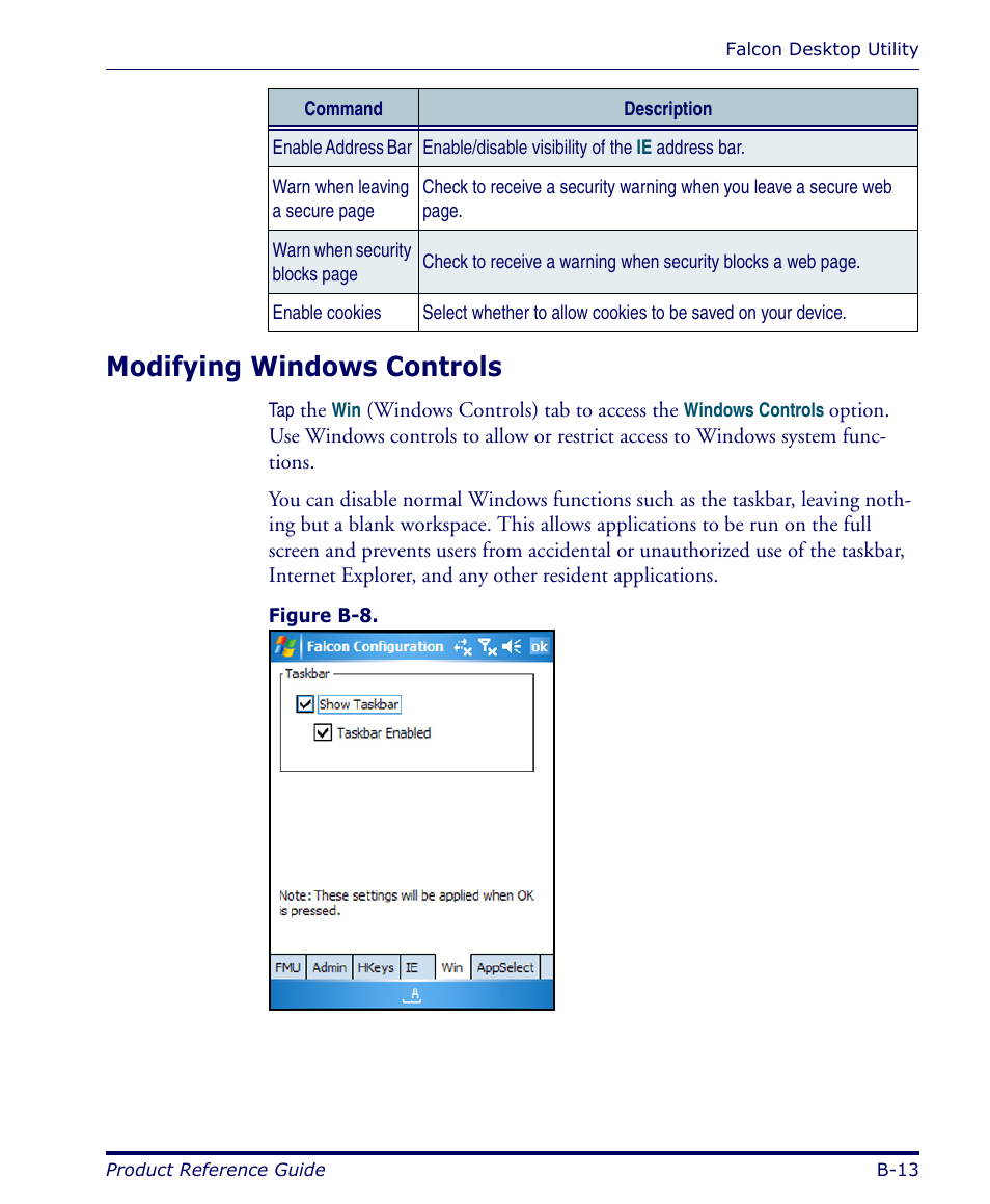 Modifying windows controls, B-13 | Datalogic Scanning FALCON 4400 SERIES User Manual | Page 85 / 212