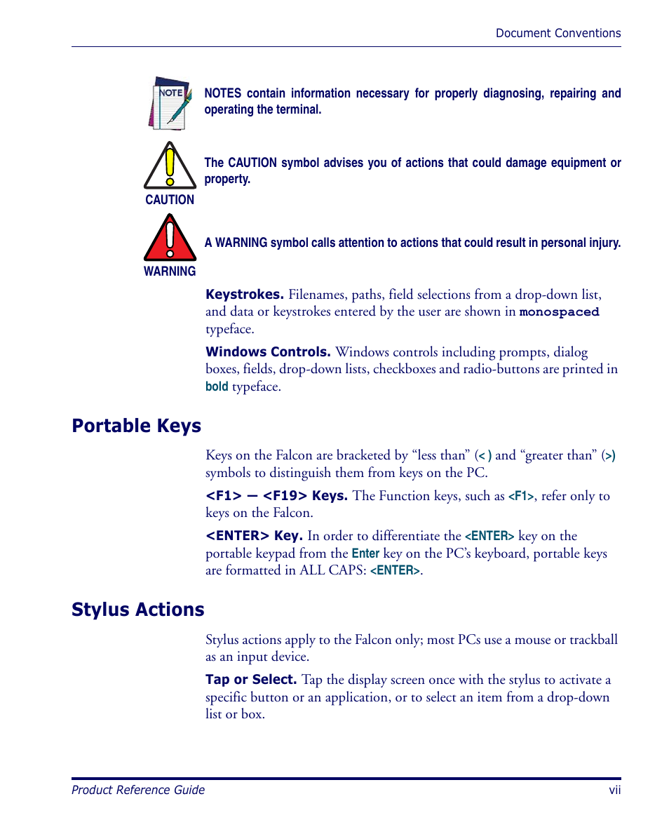 Portable keys, Stylus actions | Datalogic Scanning FALCON 4400 SERIES User Manual | Page 9 / 212
