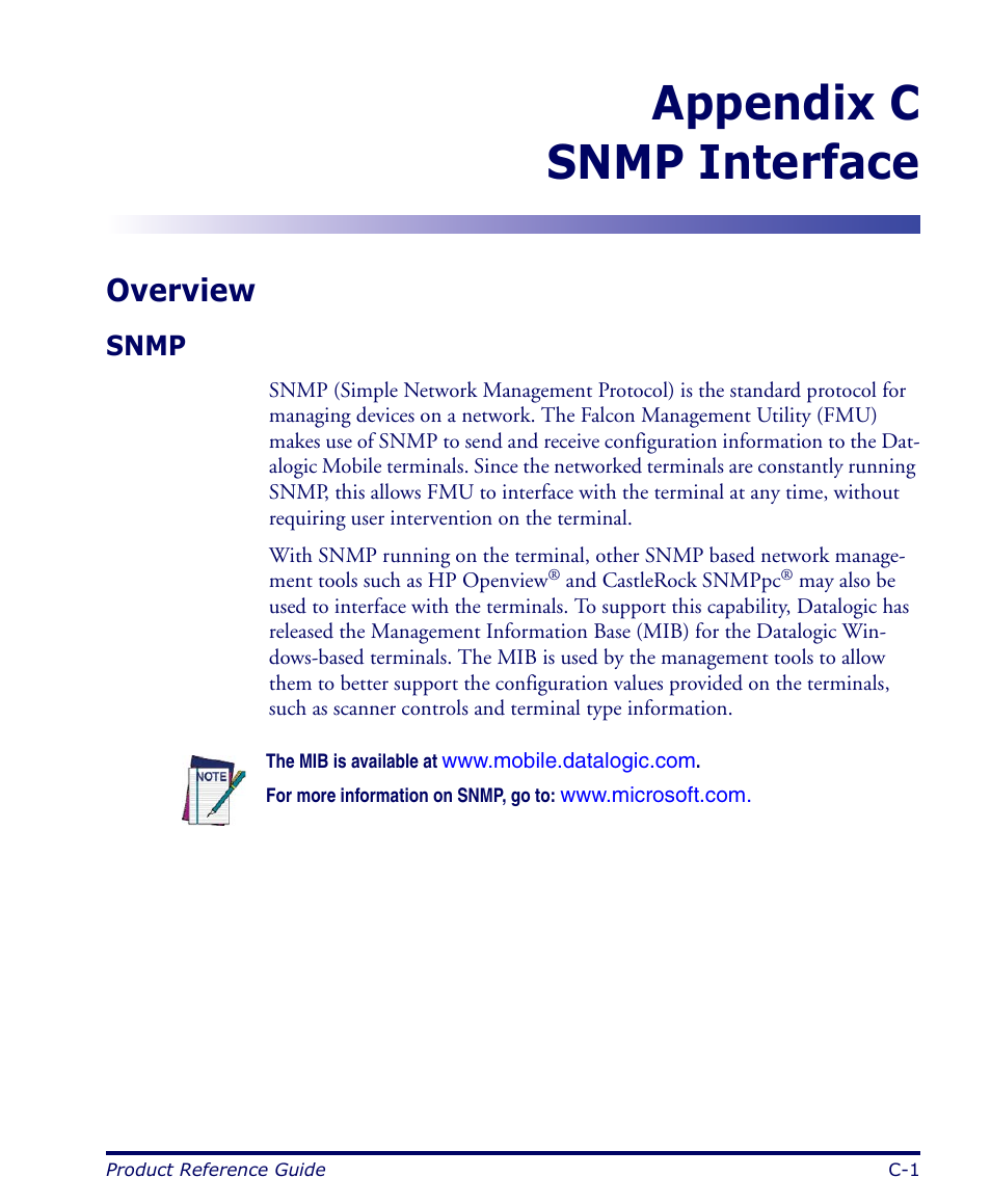 Snmp interface, Overview, Snmp | Appendix, Snmp interface, desc, Appendix c snmp interface | Datalogic Scanning FALCON 4400 SERIES User Manual | Page 91 / 212
