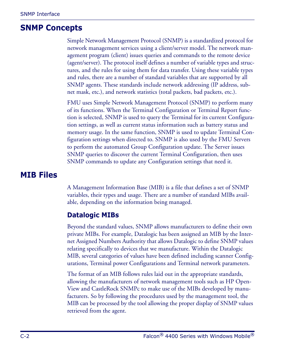 Snmp concepts, Mib files, Datalogic mibs | Datalogic Scanning FALCON 4400 SERIES User Manual | Page 92 / 212