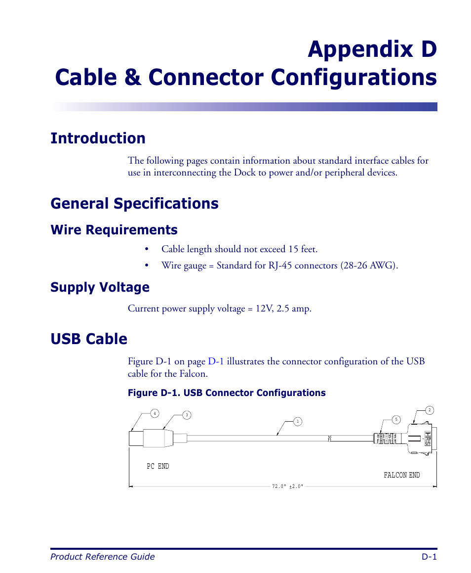 Cable & connector configurations, Introduction, General specifications | Wire requirements, Supply voltage, Usb cable, Appendix, Appendix d cable & connector configurations | Datalogic Scanning FALCON 4400 SERIES User Manual | Page 95 / 212