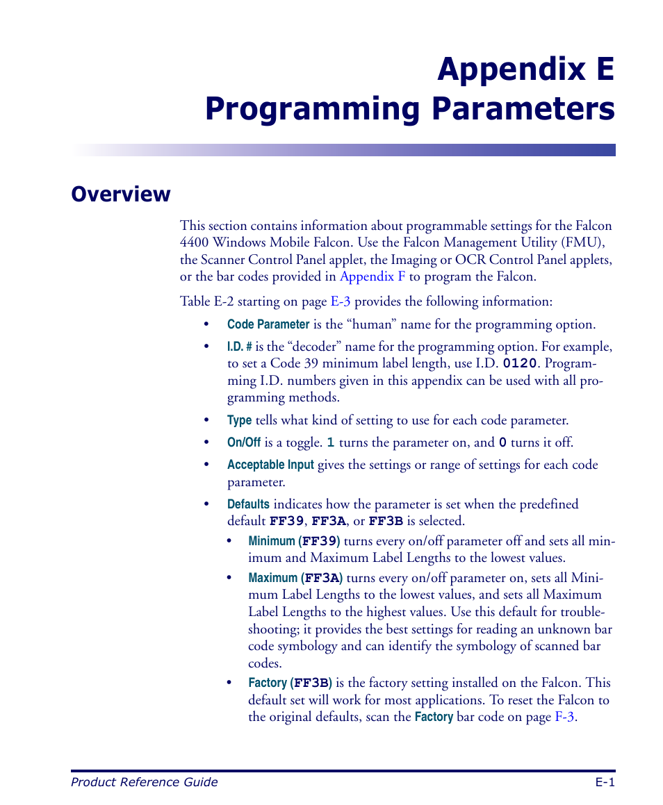 Programming parameters, Overview, Appendix | Programming parameters, p, Appendix e programming parameters | Datalogic Scanning FALCON 4400 SERIES User Manual | Page 97 / 212