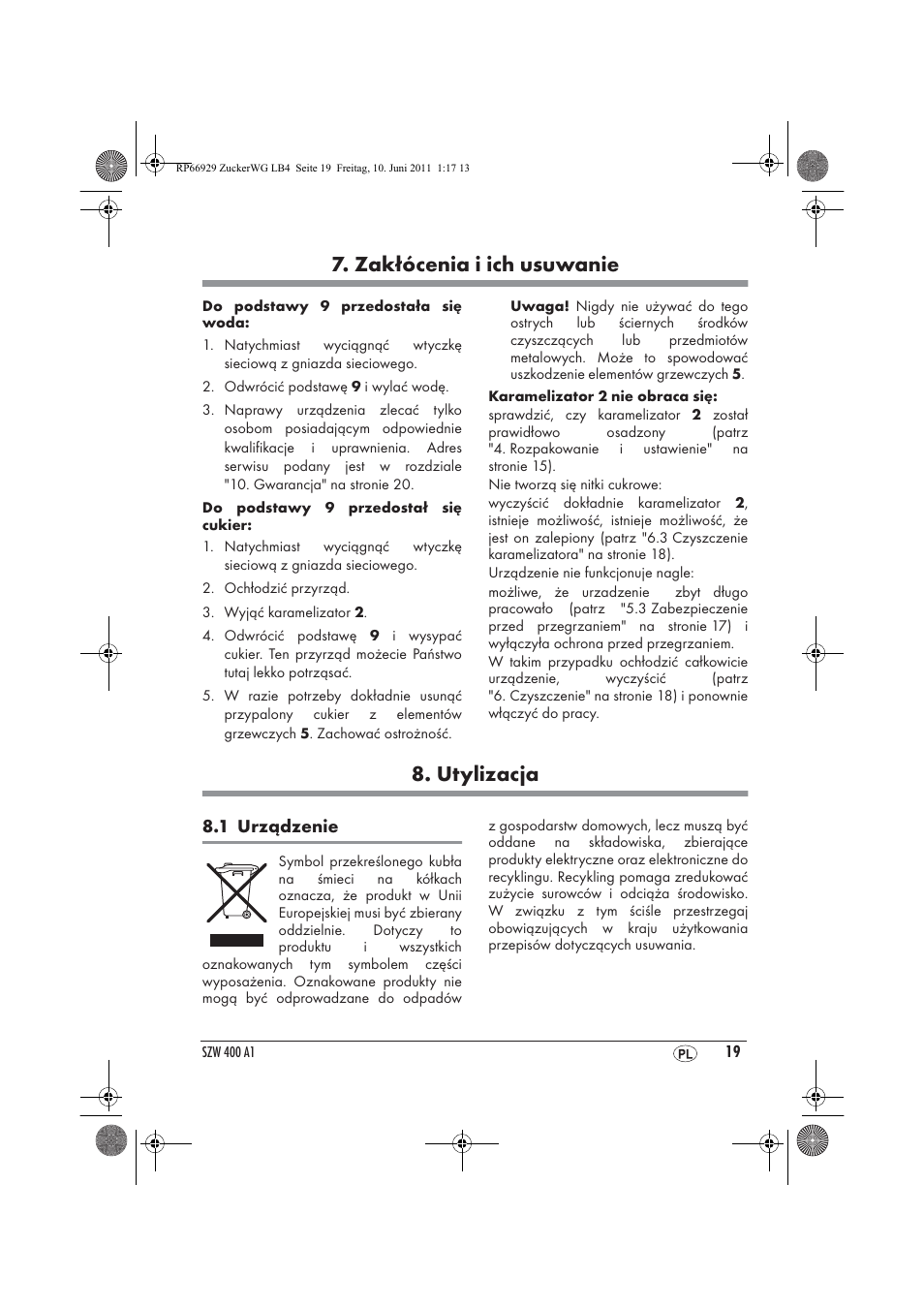 Zakłócenia i ich usuwanie, Utylizacja | Silvercrest SZW 400 A1 User Manual | Page 21 / 70