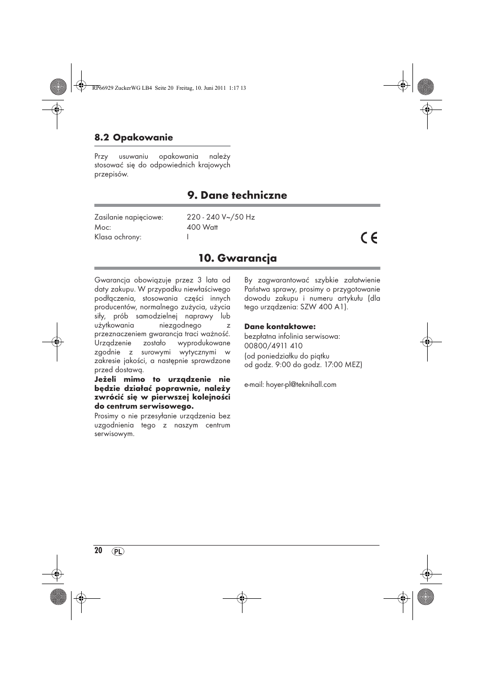 Dane techniczne, Gwarancja | Silvercrest SZW 400 A1 User Manual | Page 22 / 70