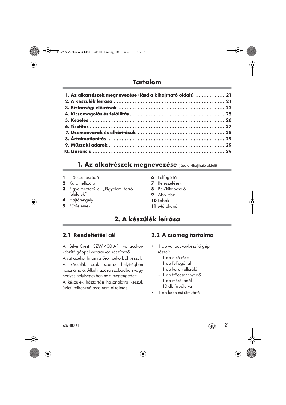 Tartalom, Az alkatrészek megnevezése, A készülék leírása | Silvercrest SZW 400 A1 User Manual | Page 23 / 70