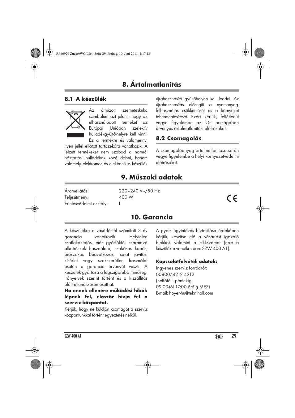 Ártalmatlanítás, Műszaki adatok, Garancia | Silvercrest SZW 400 A1 User Manual | Page 31 / 70