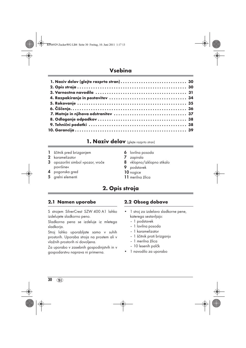 Vsebina, Naziv delov, Opis stroja | Silvercrest SZW 400 A1 User Manual | Page 32 / 70