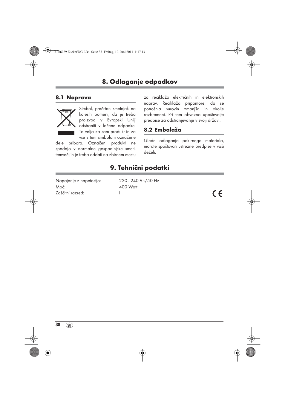 Odlaganje odpadkov, Tehnični podatki | Silvercrest SZW 400 A1 User Manual | Page 40 / 70