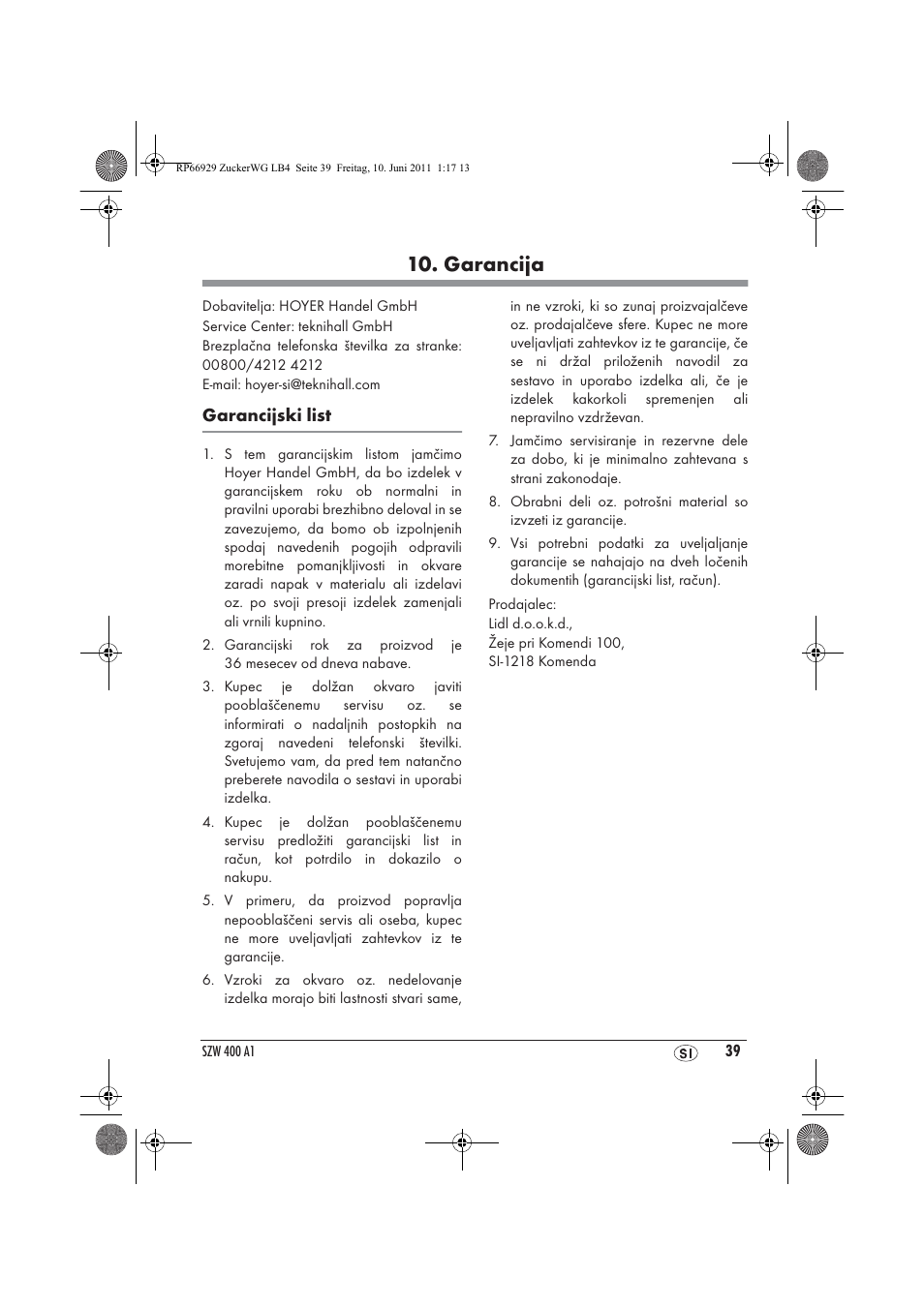 Garancija | Silvercrest SZW 400 A1 User Manual | Page 41 / 70