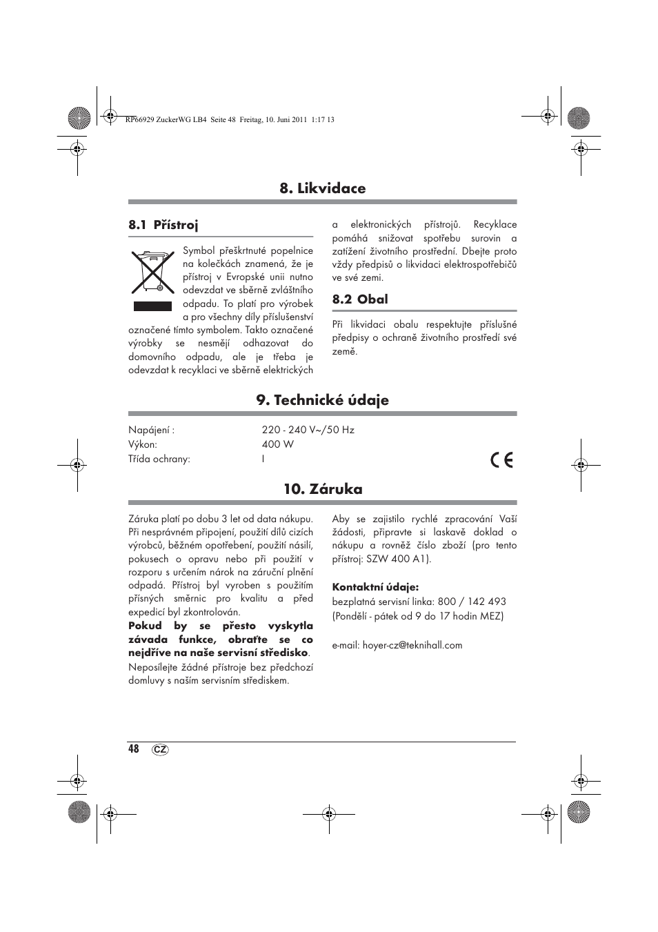 Likvidace, Technické údaje, Záruka | Silvercrest SZW 400 A1 User Manual | Page 50 / 70