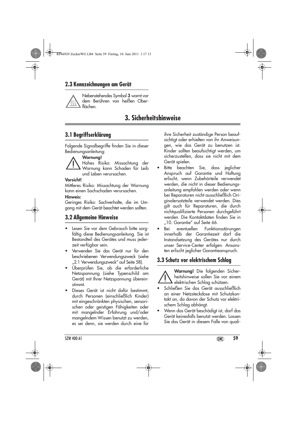 Sicherheitshinweise, 3 kennzeichnungen am gerät, 1 begriffserklärung | 2 allgemeine hinweise, 3 schutz vor elektrischem schlag | Silvercrest SZW 400 A1 User Manual | Page 61 / 70