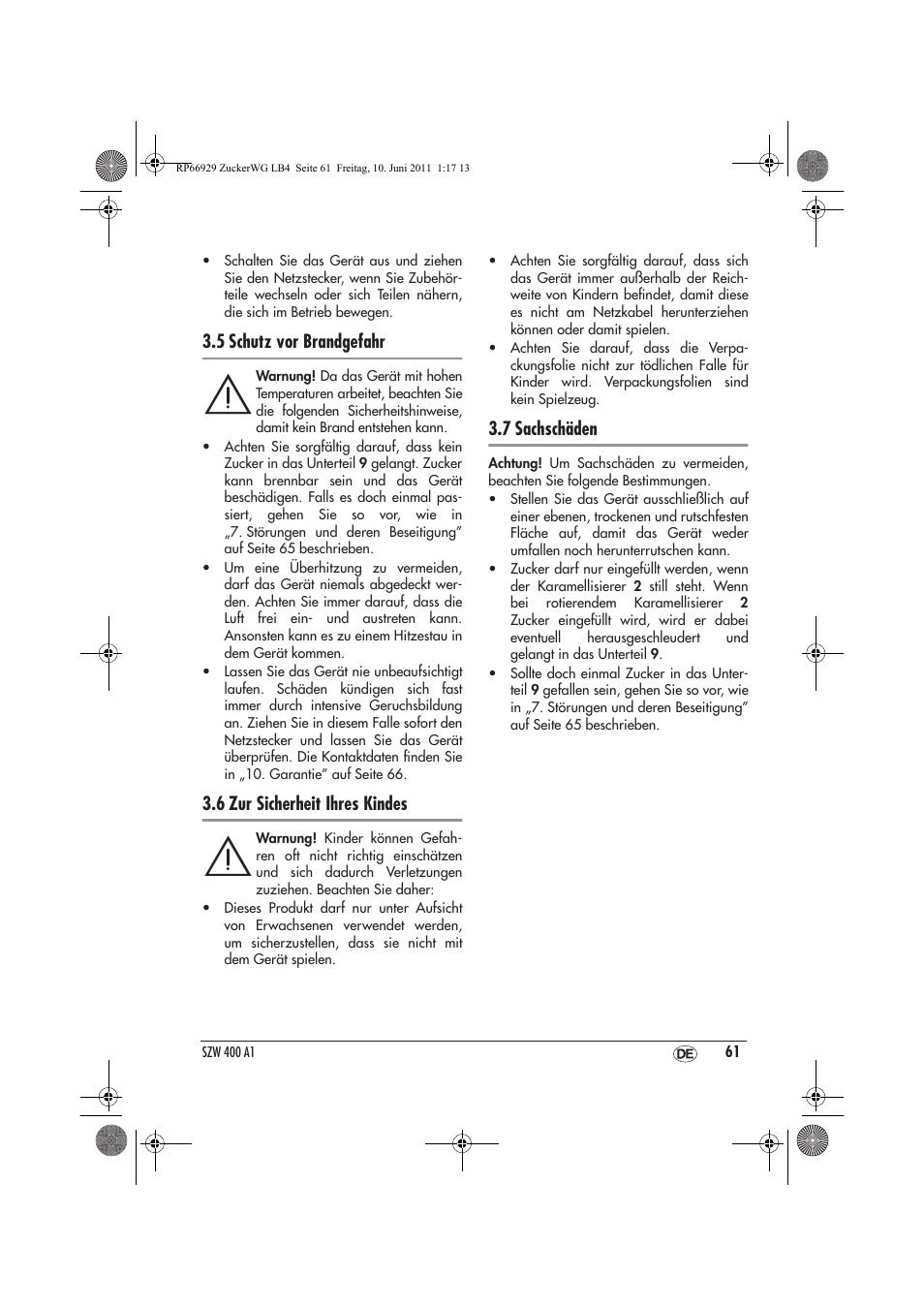 5 schutz vor brandgefahr, 6 zur sicherheit ihres kindes, 7 sachschäden | Silvercrest SZW 400 A1 User Manual | Page 63 / 70