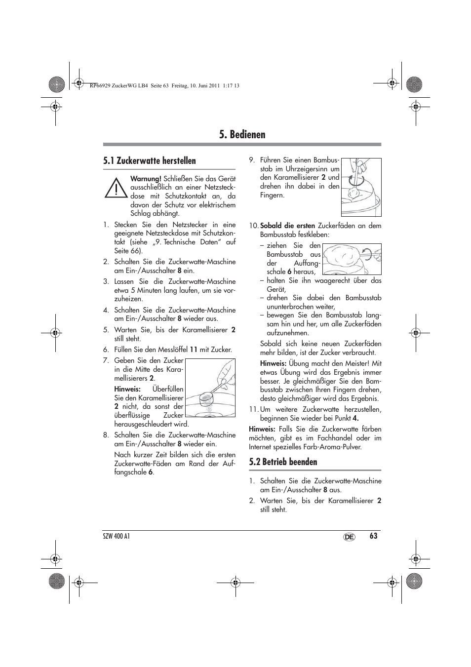 Bedienen, 1 zuckerwatte herstellen, 2 betrieb beenden | Silvercrest SZW 400 A1 User Manual | Page 65 / 70