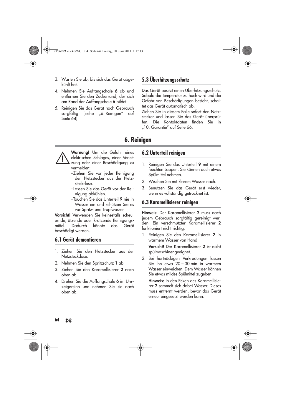 Reinigen, 3 überhitzungsschutz, 1 gerät demontieren | 2 unterteil reinigen, 3 karamellisierer reinigen | Silvercrest SZW 400 A1 User Manual | Page 66 / 70