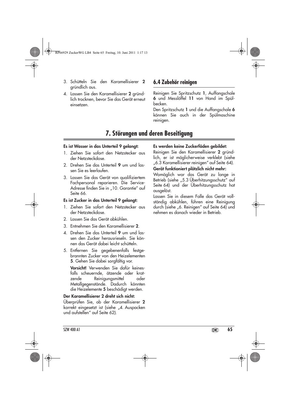 Störungen und deren beseitigung, 4 zubehör reinigen | Silvercrest SZW 400 A1 User Manual | Page 67 / 70