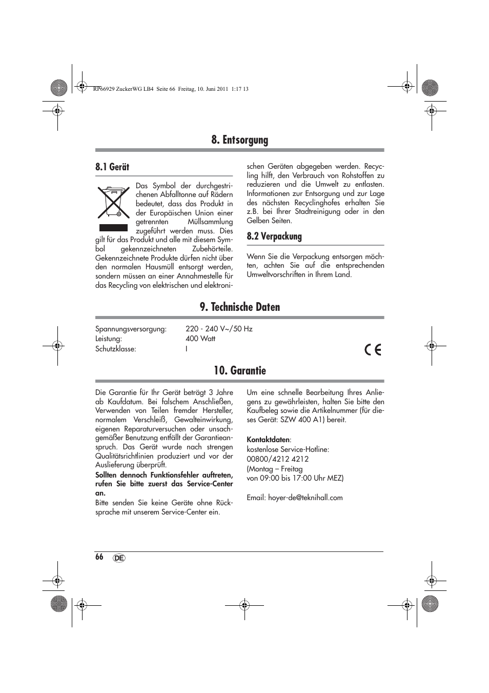 Entsorgung, Technische daten, Garantie | 1 gerät, 2 verpackung | Silvercrest SZW 400 A1 User Manual | Page 68 / 70