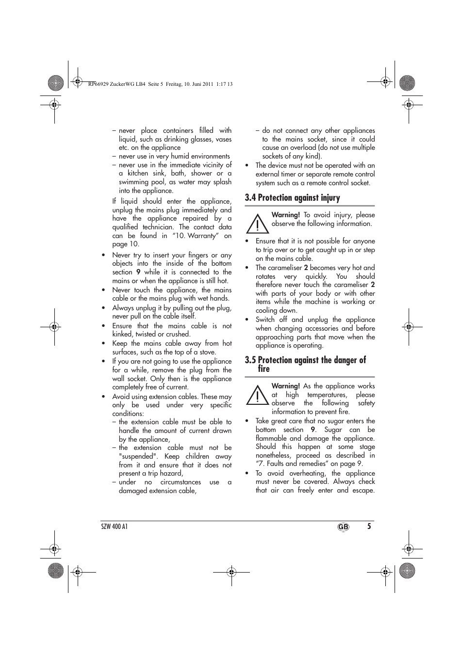 4 protection against injury, 5 protection against the danger of ﬁre | Silvercrest SZW 400 A1 User Manual | Page 7 / 70