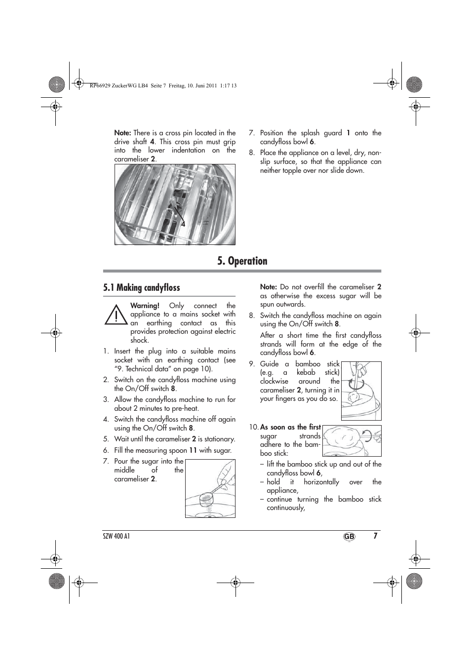 Operation, 1 making candyﬂoss | Silvercrest SZW 400 A1 User Manual | Page 9 / 70