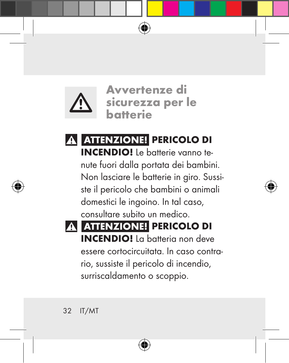 Avvertenze di sicurezza per le batterie | Silvercrest Z31259A Z31259B Z31259C User Manual | Page 32 / 96