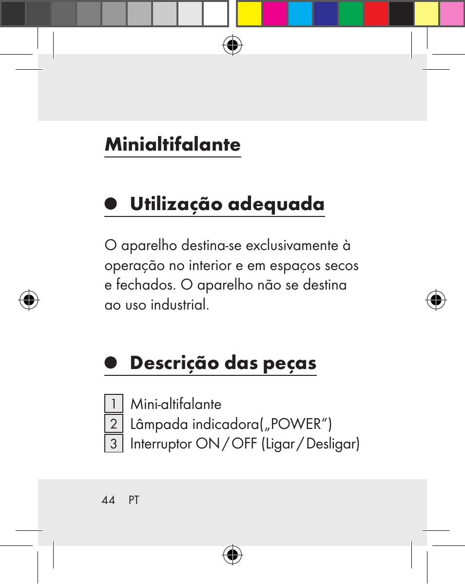 Minialtifalante utilização adequada, Descrição das peças | Silvercrest Z31259A Z31259B Z31259C User Manual | Page 44 / 96