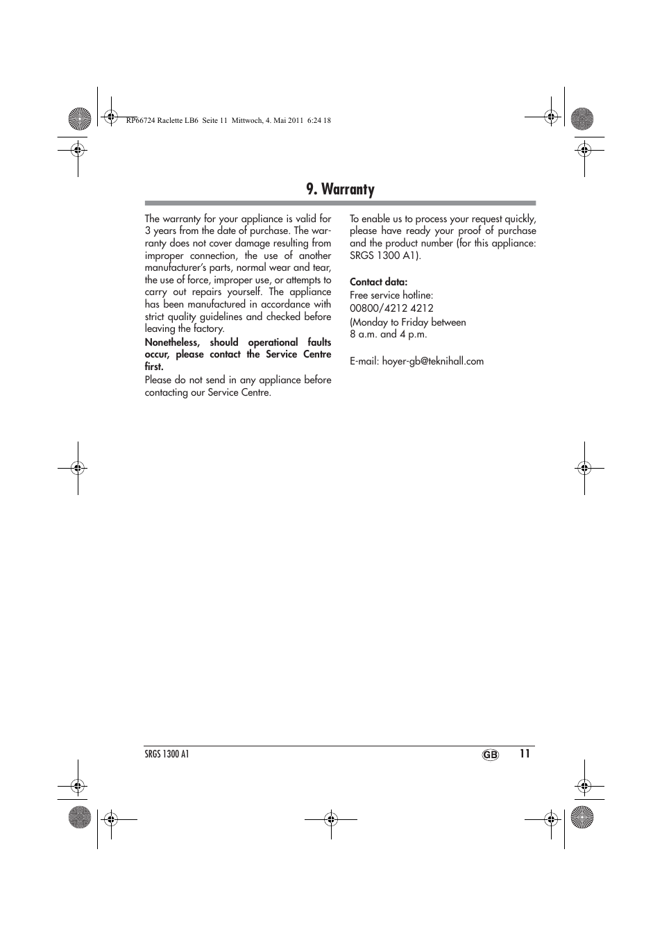 Warranty | Silvercrest SRGS 1300 A1 User Manual | Page 13 / 14