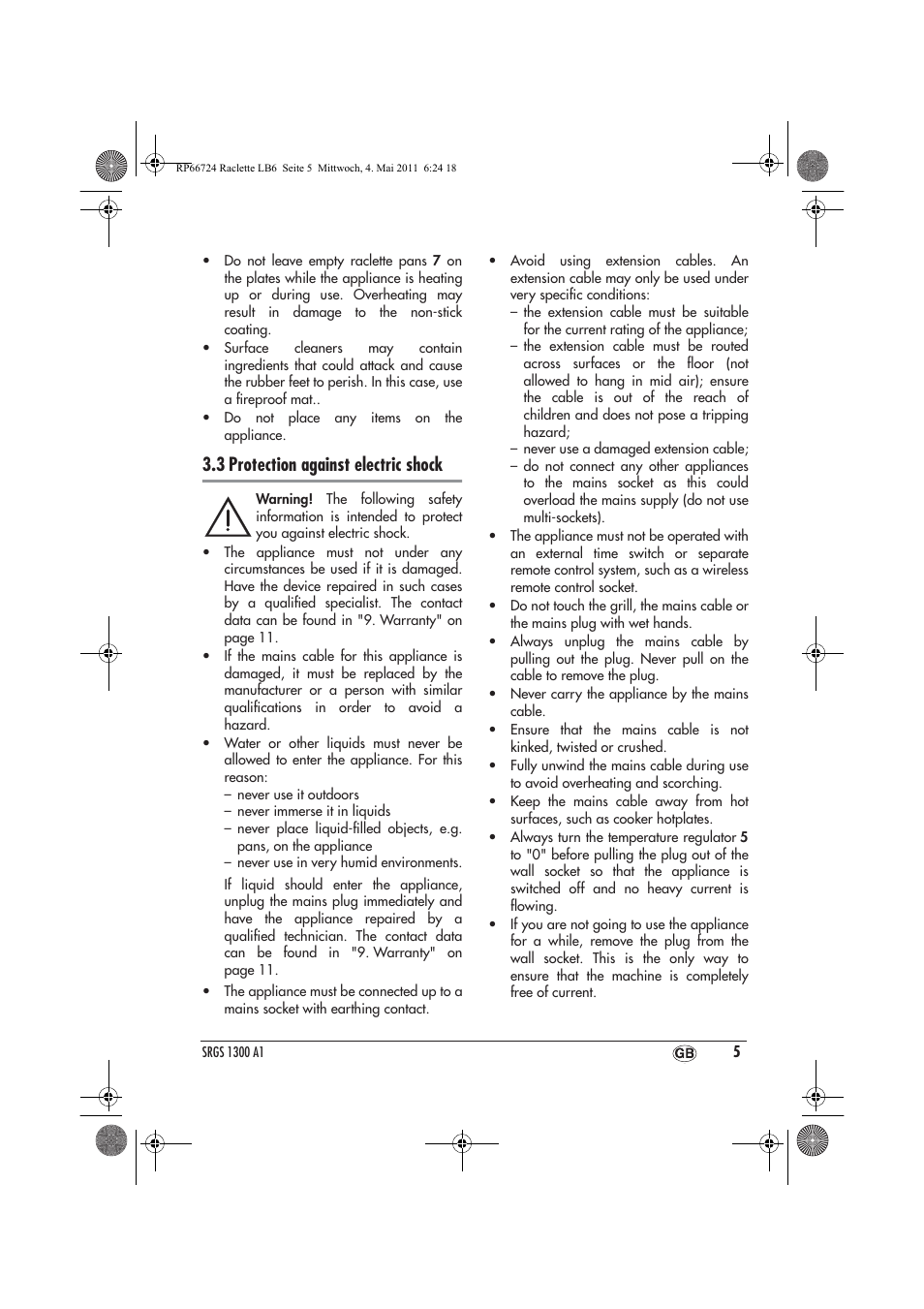 3 protection against electric shock | Silvercrest SRGS 1300 A1 User Manual | Page 7 / 14