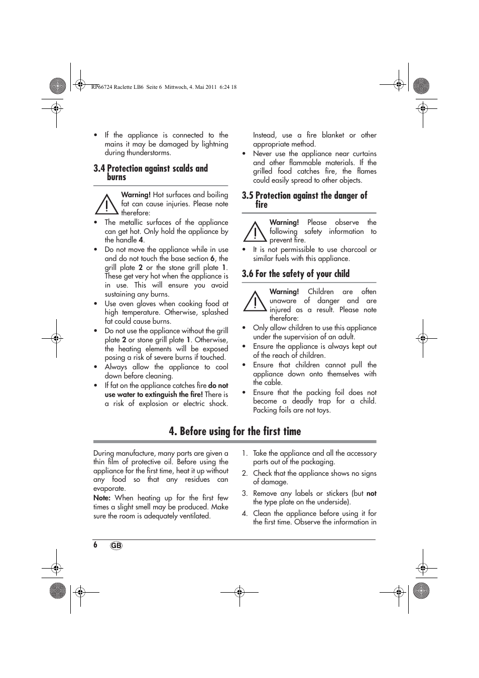 Before using for the ﬁrst time, 4 protection against scalds and burns, 5 protection against the danger of ﬁre | 6 for the safety of your child | Silvercrest SRGS 1300 A1 User Manual | Page 8 / 14