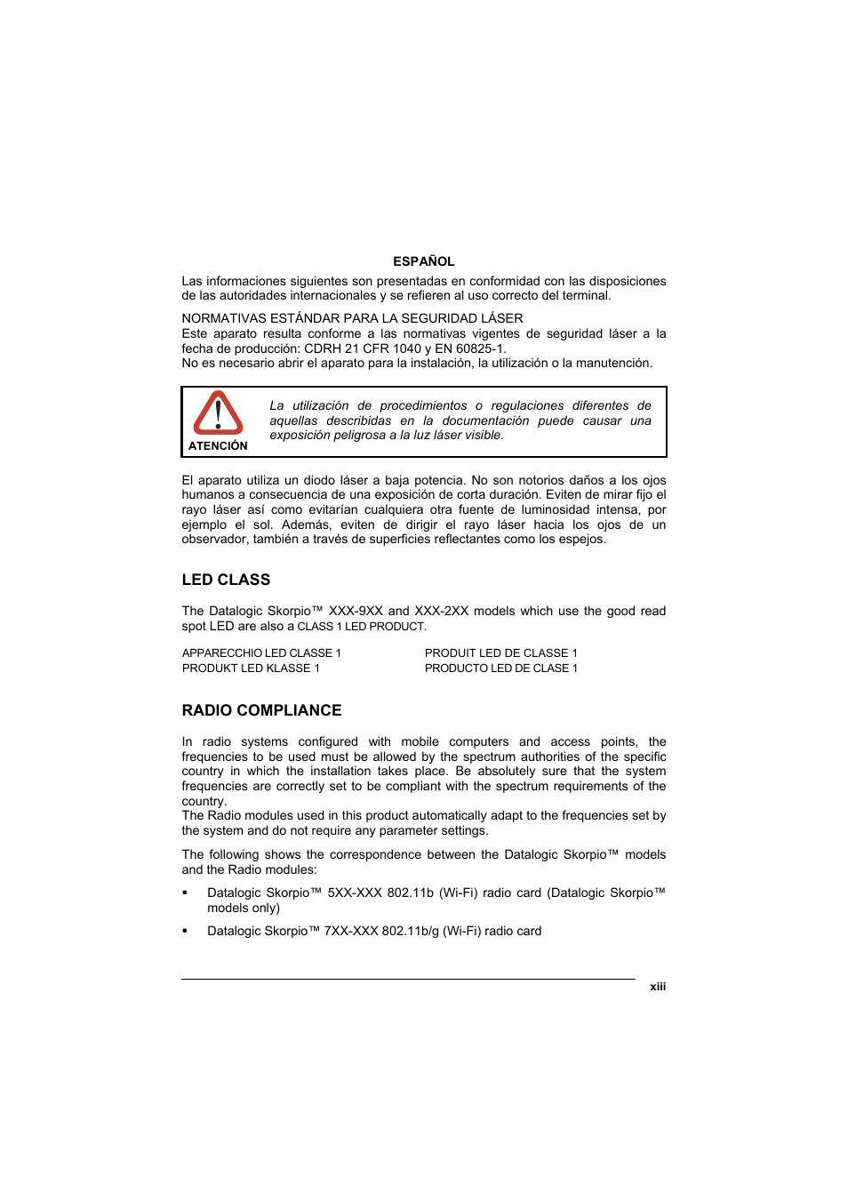 Led class, Radio compliance | Datalogic Scanning Skorpio-GUN User Manual | Page 13 / 99