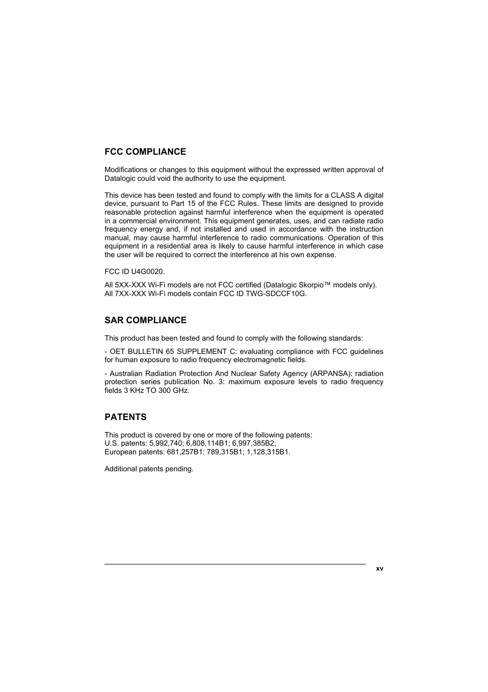 Fcc compliance, Sar compliance, Patents | Datalogic Scanning Skorpio-GUN User Manual | Page 15 / 99