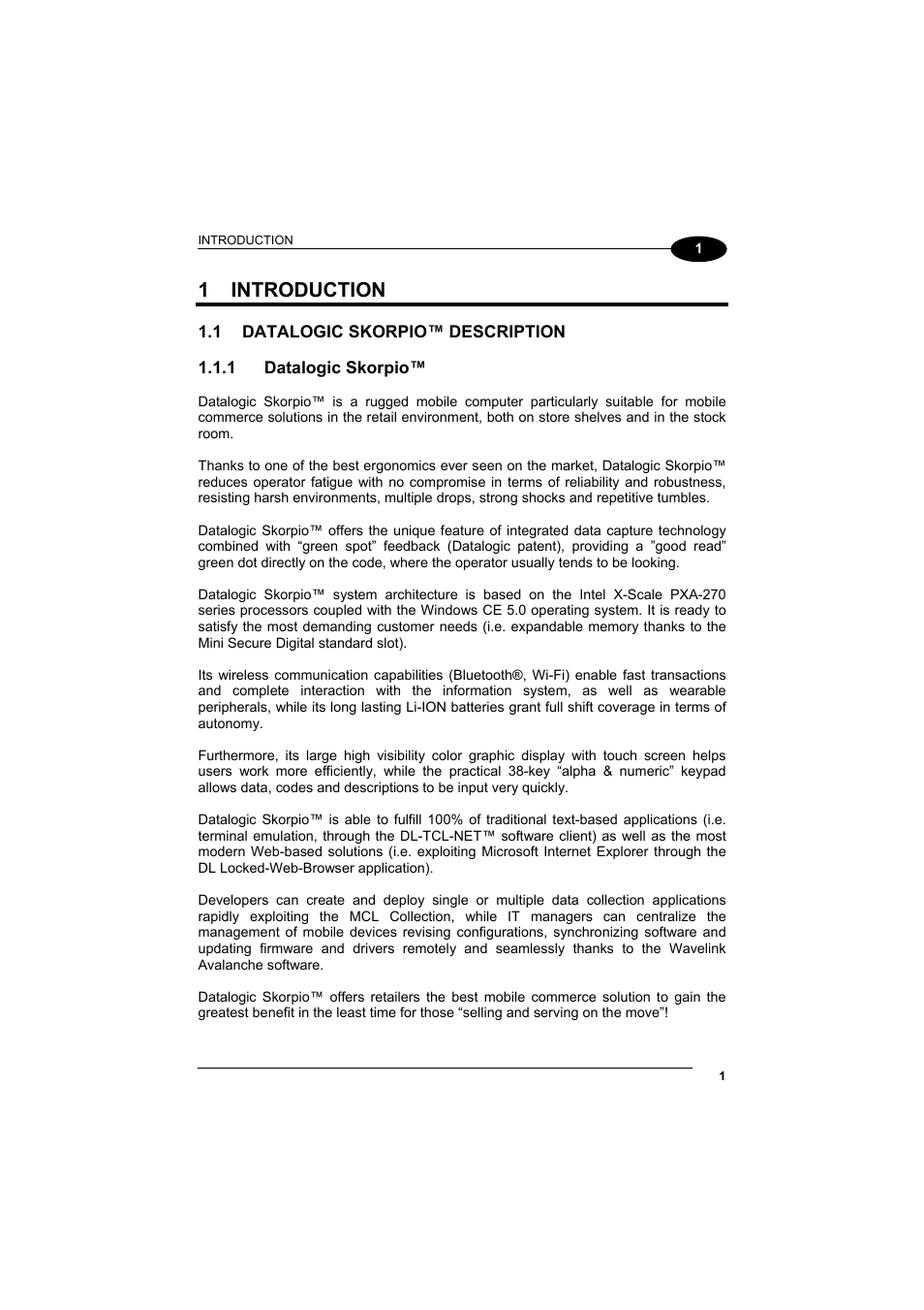 Introduction, Datalogic skorpio™ description, Datalogic skorpio | 1 introduction | Datalogic Scanning Skorpio-GUN User Manual | Page 21 / 99