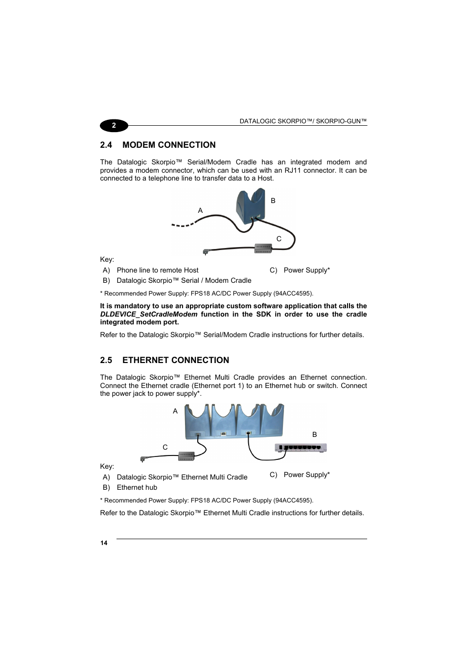 Modem connection, Ethernet connection, 4 modem connection | 5 ethernet connection | Datalogic Scanning Skorpio-GUN User Manual | Page 34 / 99