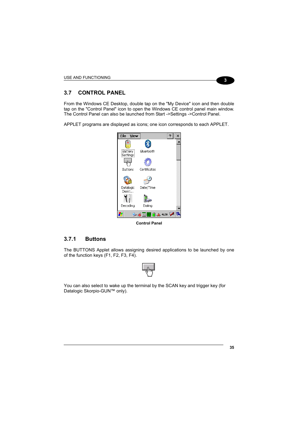 Control panel, Buttons | Datalogic Scanning Skorpio-GUN User Manual | Page 55 / 99