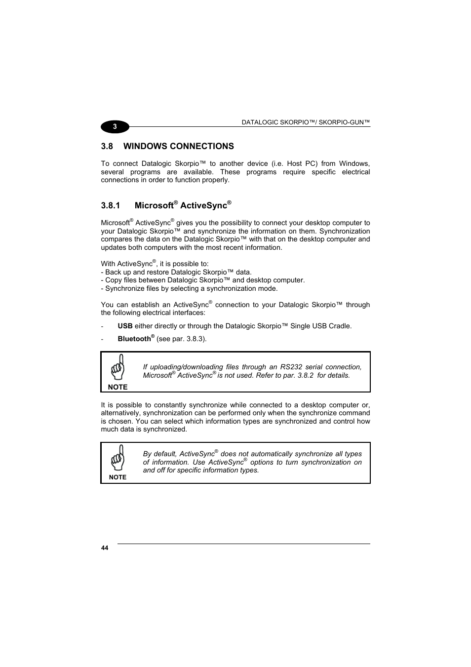 Windows connections, Microsoft® activesync, Microsoft | Activesync, 8 windows connections, 1 microsoft | Datalogic Scanning Skorpio-GUN User Manual | Page 64 / 99