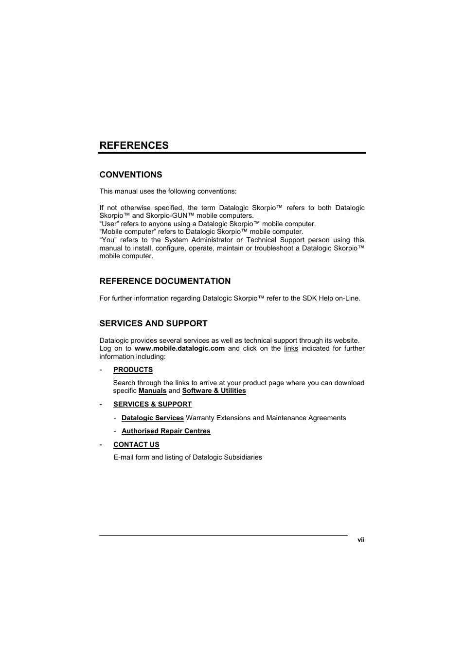 References, Conventions, Reference documentation | Services and support | Datalogic Scanning Skorpio-GUN User Manual | Page 7 / 99
