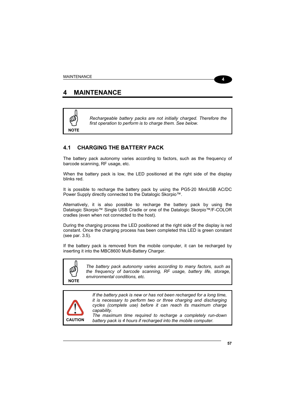 Maintenance, Charging the battery pack, 4 maintenance | Datalogic Scanning Skorpio-GUN User Manual | Page 77 / 99