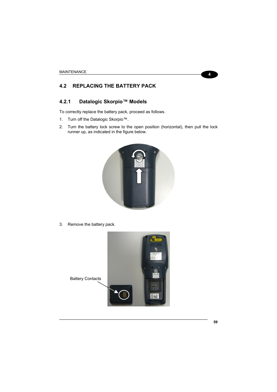 Replacing the battery pack, Datalogic skorpio™ models | Datalogic Scanning Skorpio-GUN User Manual | Page 79 / 99
