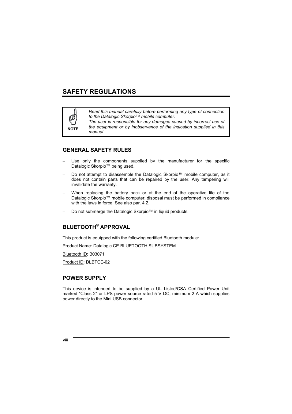 Safety regulations, General safety rules, Bluetooth® approval | Power supply, Bluetooth | Datalogic Scanning Skorpio-GUN User Manual | Page 8 / 99