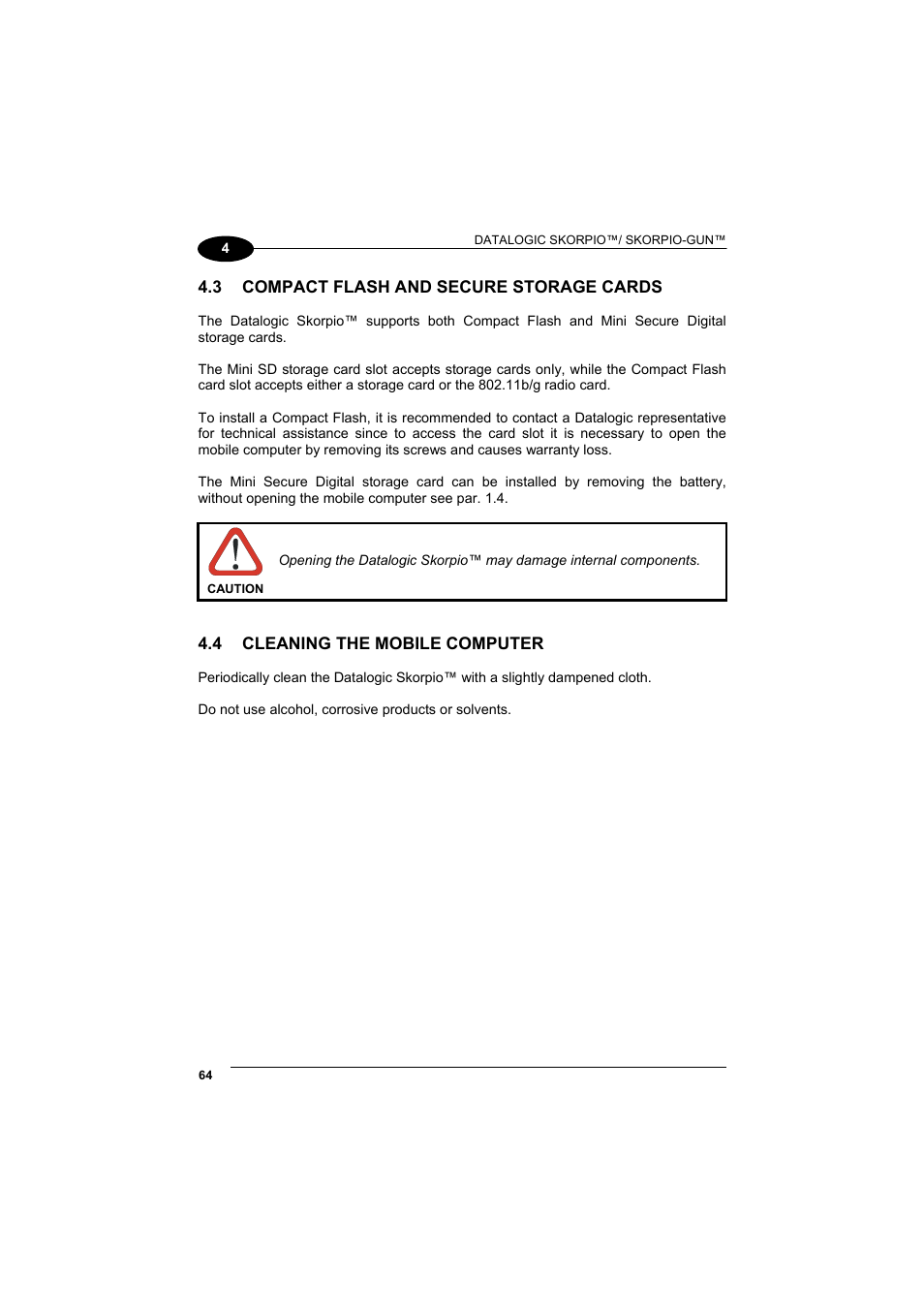 Compact flash and secure storage cards, Cleaning the mobile computer | Datalogic Scanning Skorpio-GUN User Manual | Page 84 / 99