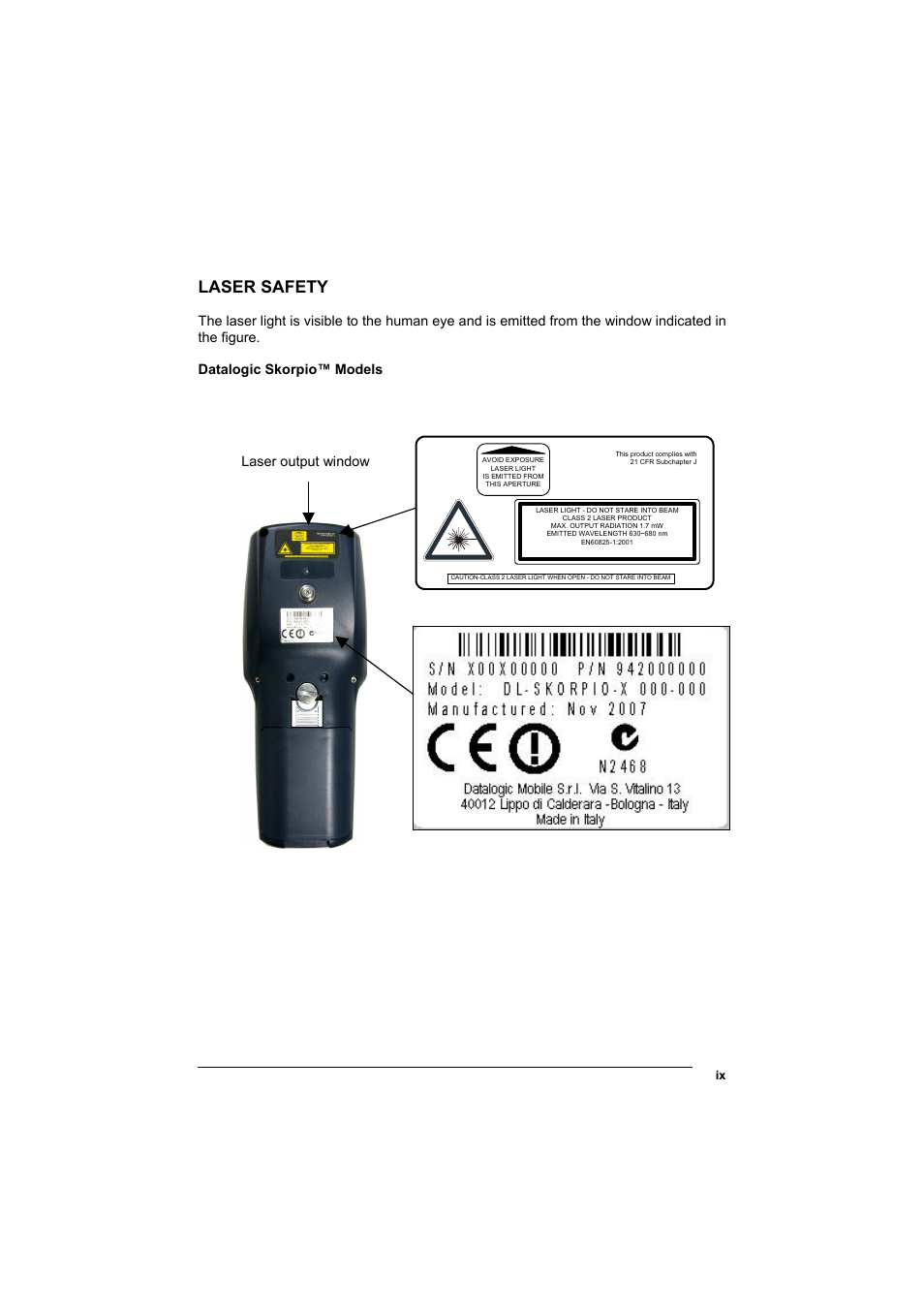 Laser safety, Laser output window | Datalogic Scanning Skorpio-GUN User Manual | Page 9 / 99