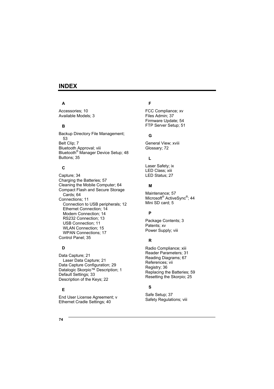 Index | Datalogic Scanning Skorpio-GUN User Manual | Page 94 / 99