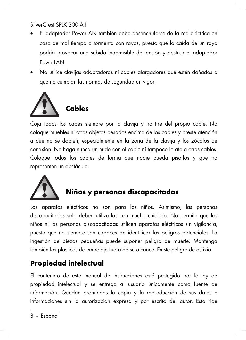 Cables, Niños y personas discapacitadas, Propiedad intelectual | Silvercrest SPLK 200 A1 User Manual | Page 10 / 74