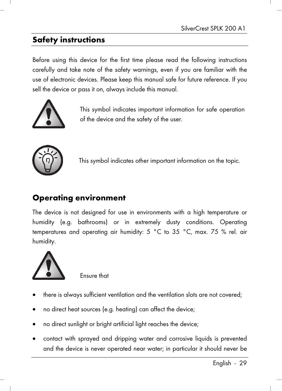Safety instructions, Operating environment | Silvercrest SPLK 200 A1 User Manual | Page 31 / 74