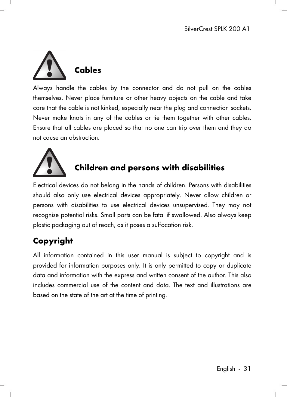 Cables, Children and persons with disabilities, Copyright | Silvercrest SPLK 200 A1 User Manual | Page 33 / 74