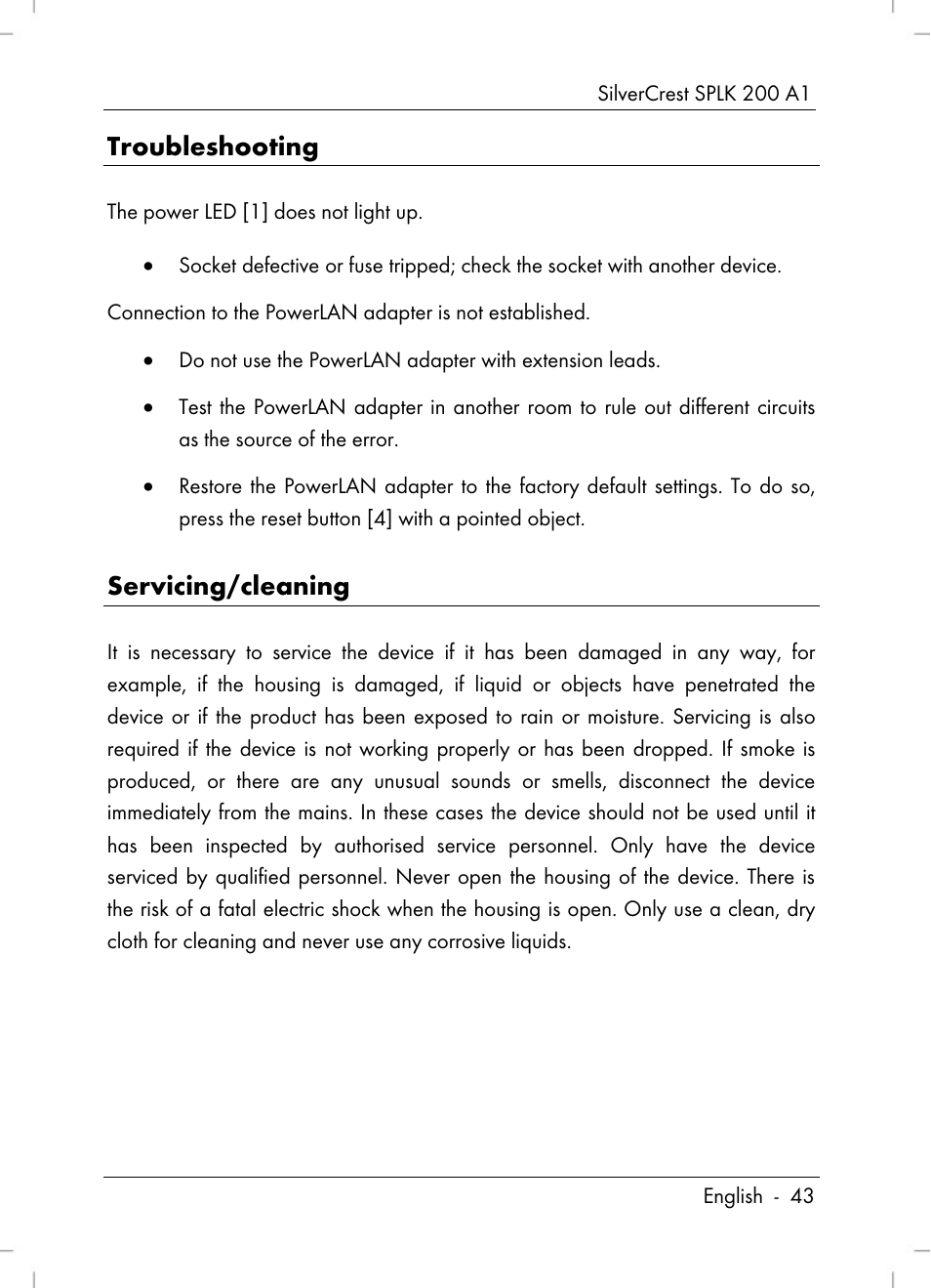 Troubleshooting, Servicing/cleaning | Silvercrest SPLK 200 A1 User Manual | Page 45 / 74