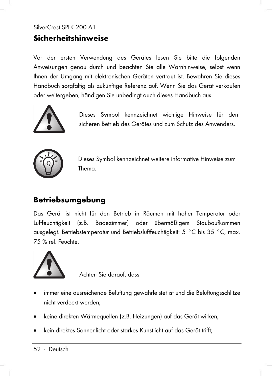 Sicherheitshinweise, Betriebsumgebung | Silvercrest SPLK 200 A1 User Manual | Page 54 / 74