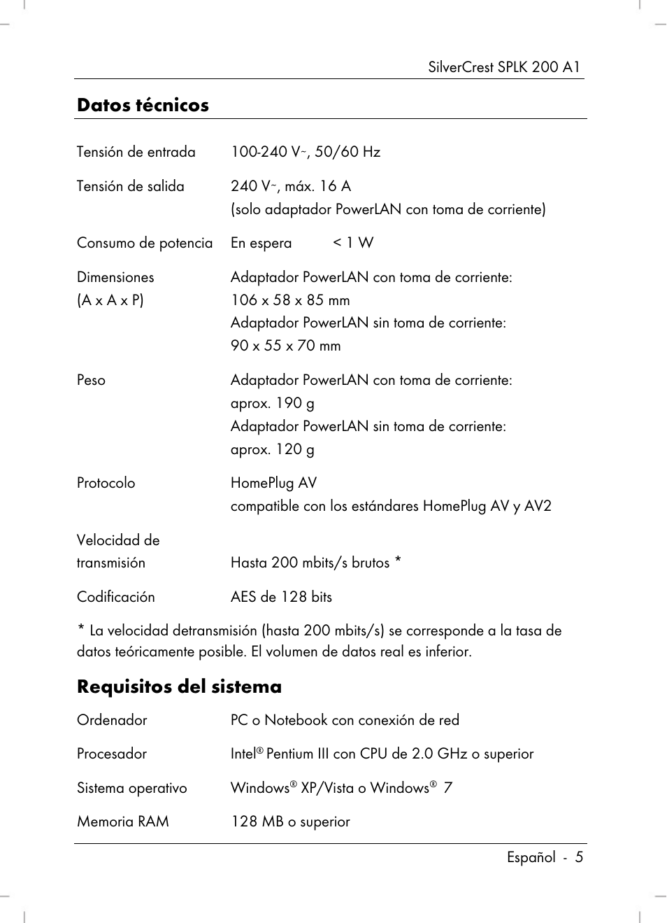 Datos técnicos, Requisitos del sistema | Silvercrest SPLK 200 A1 User Manual | Page 7 / 74