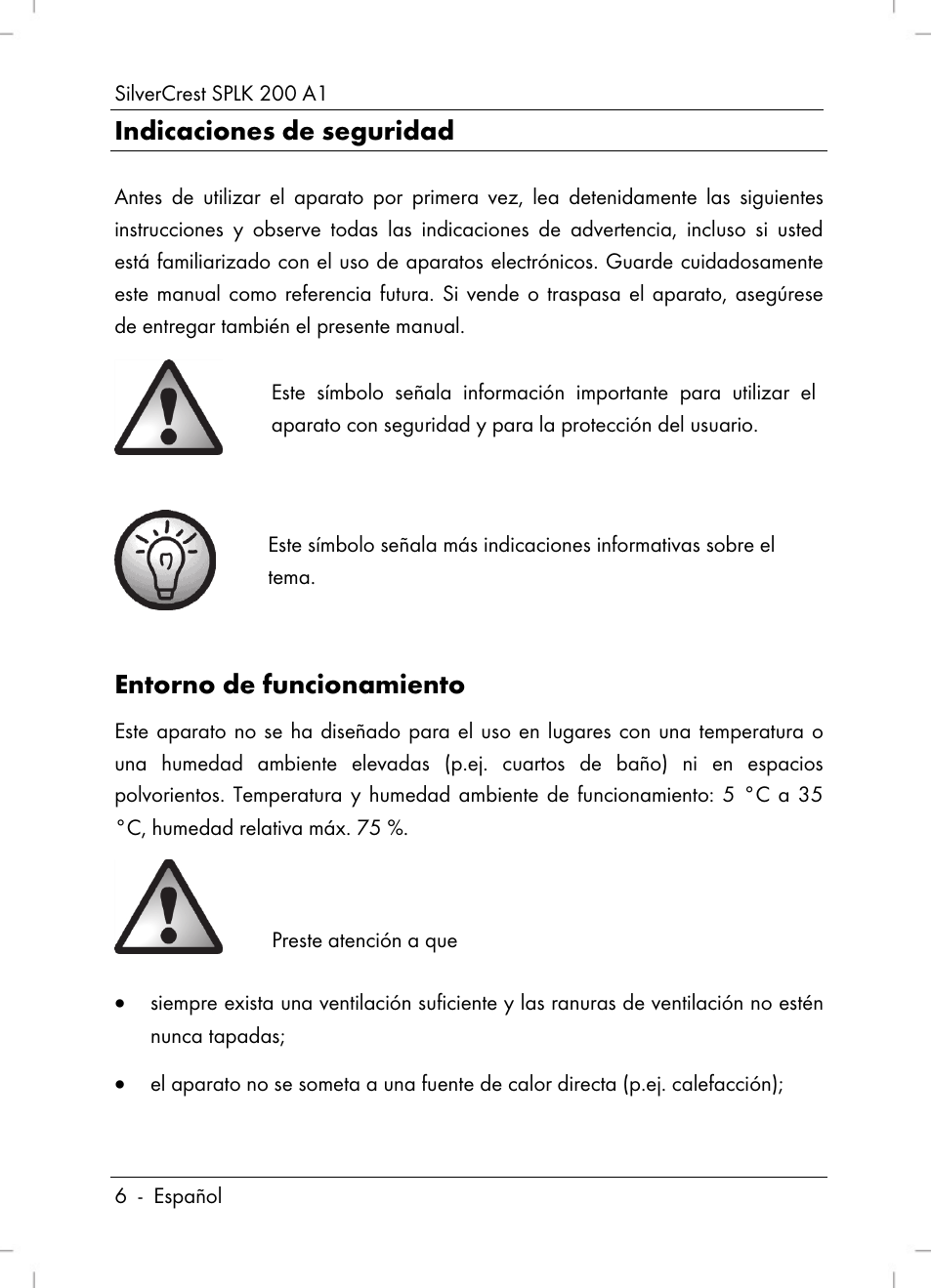 Indicaciones de seguridad, Entorno de funcionamiento | Silvercrest SPLK 200 A1 User Manual | Page 8 / 74
