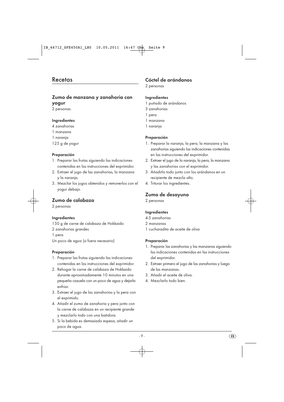 Recetas, Zumo de manzana y zanahoria con yogur, Zumo de calabaza | Cóctel de arándanos, Zumo de desayuno | Silvercrest SFE 450 A1 User Manual | Page 11 / 62